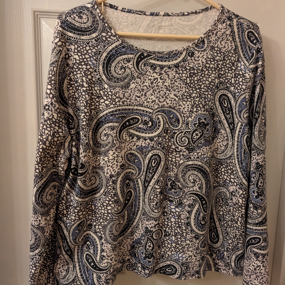 Kim Rogers Blue and White Paisley Long Sleeve Top